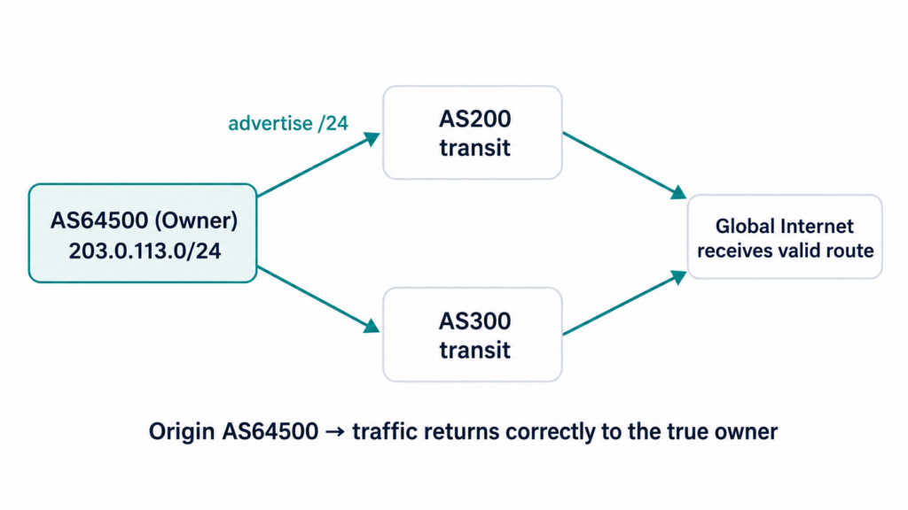 Diagram 1. Normal BGP route advertisement. The legitimate owner announces its prefix, neighboring networks propagate it, and traffic converges on the rightful AS.