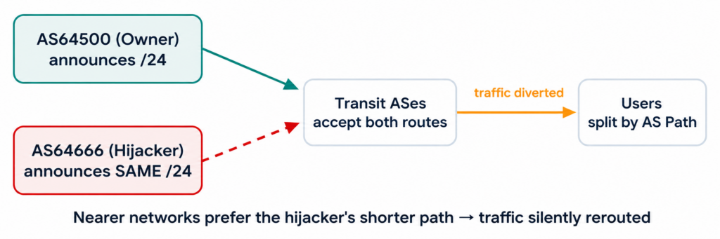 Diagram 2. Prefix hijacking. Two autonomous systems claim the same block; downstream networks split, and part of the Internet routes to the wrong origin.