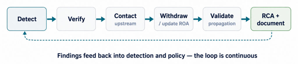 Diagram 6. Monitoring and incident response flow. Detection through documentation, closing the loop back into policy.