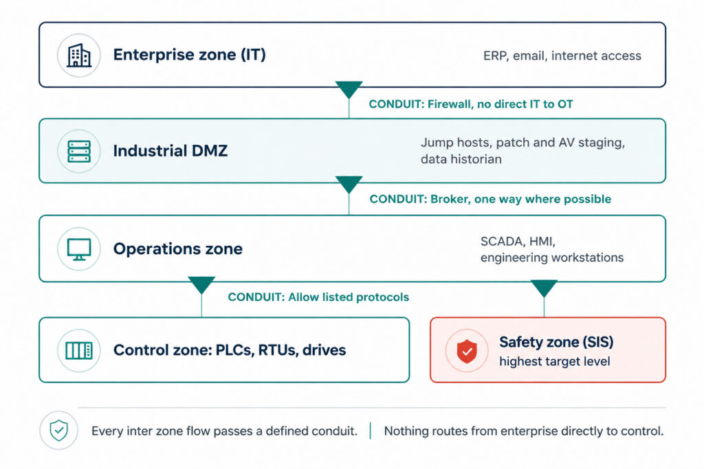 Figure 1. A zones and conduits model in the spirit of IEC 62443 and the Purdue reference levels.